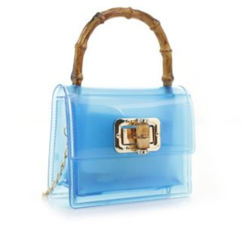NWT Womans BLUE JELLY PURSE WITH BAMBOO HANDLE